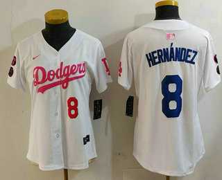 Women%27s Los Angeles Dodgers #8 Kike Hernandez Number White Pink With Patch Limited Stitched Jersey